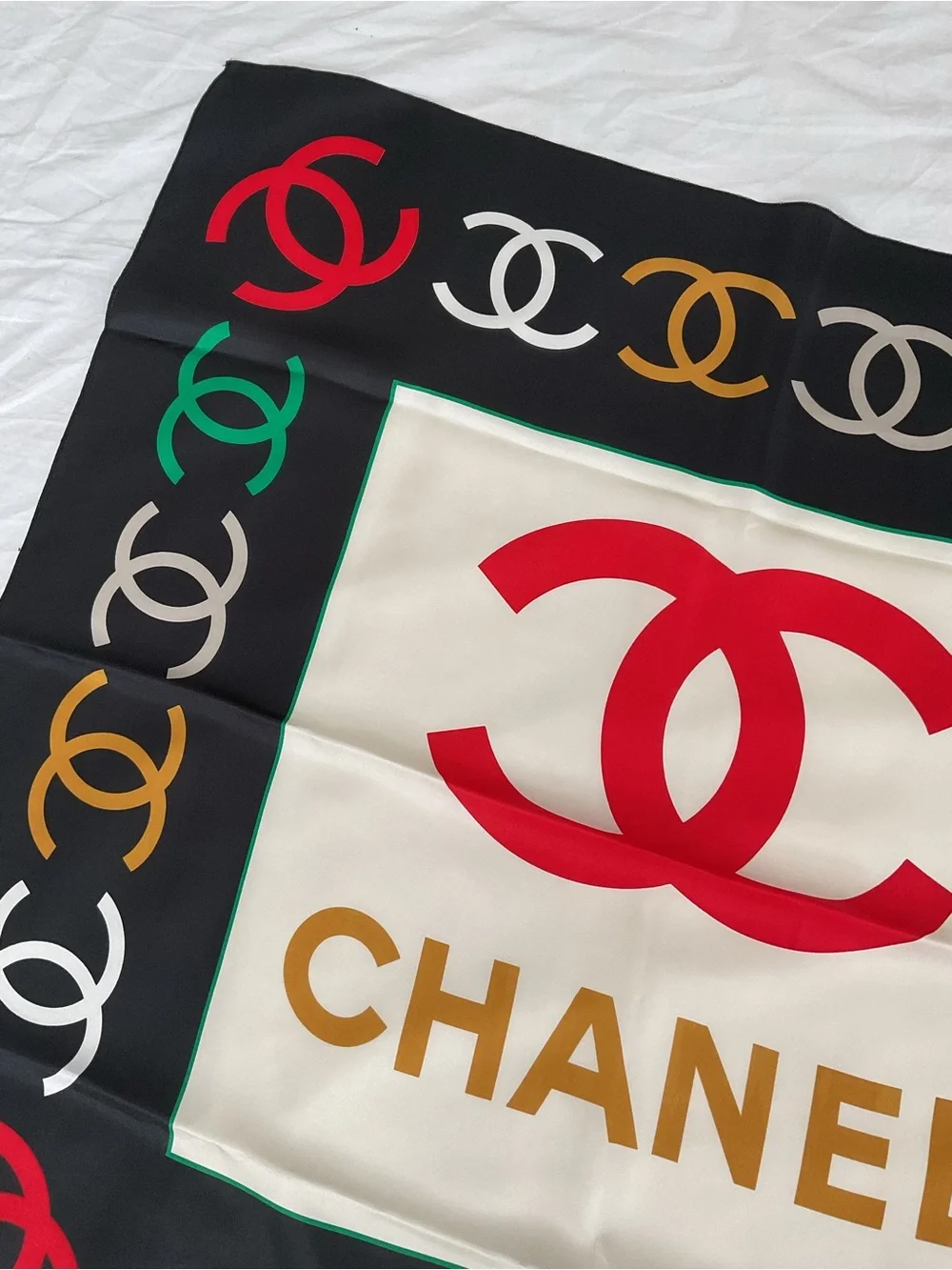 CHANEL Black Cream Multicolor Logo CC Silk Scarf